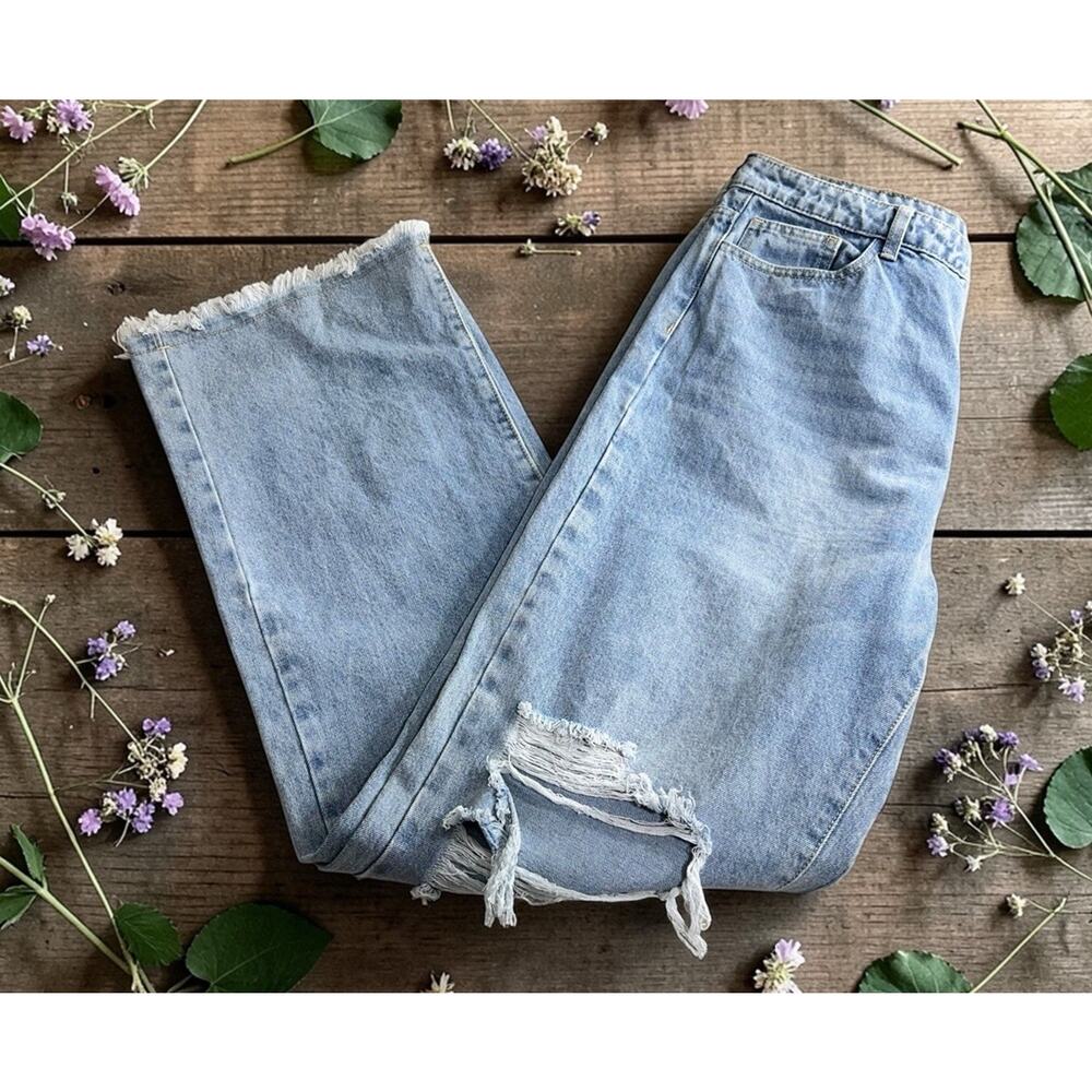 Shein Wide Leg Loose Jeans Sz XL (12) Distressed Torn 33" Inseam Frayed